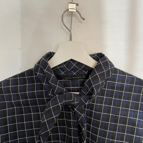 Zara Woman Navy Plaid 100% Cotton Blouse - Picture 1 of 4